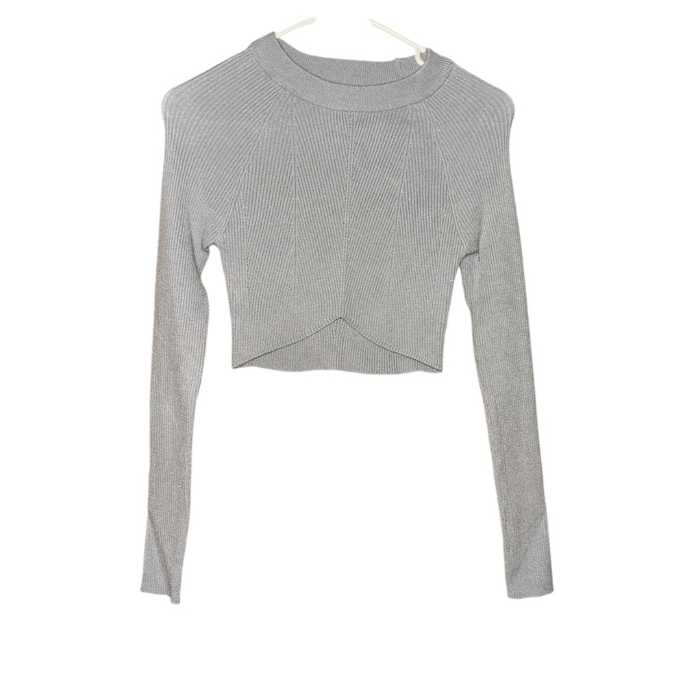 Elegant Gray Ribbed Long Sleeve Blouse